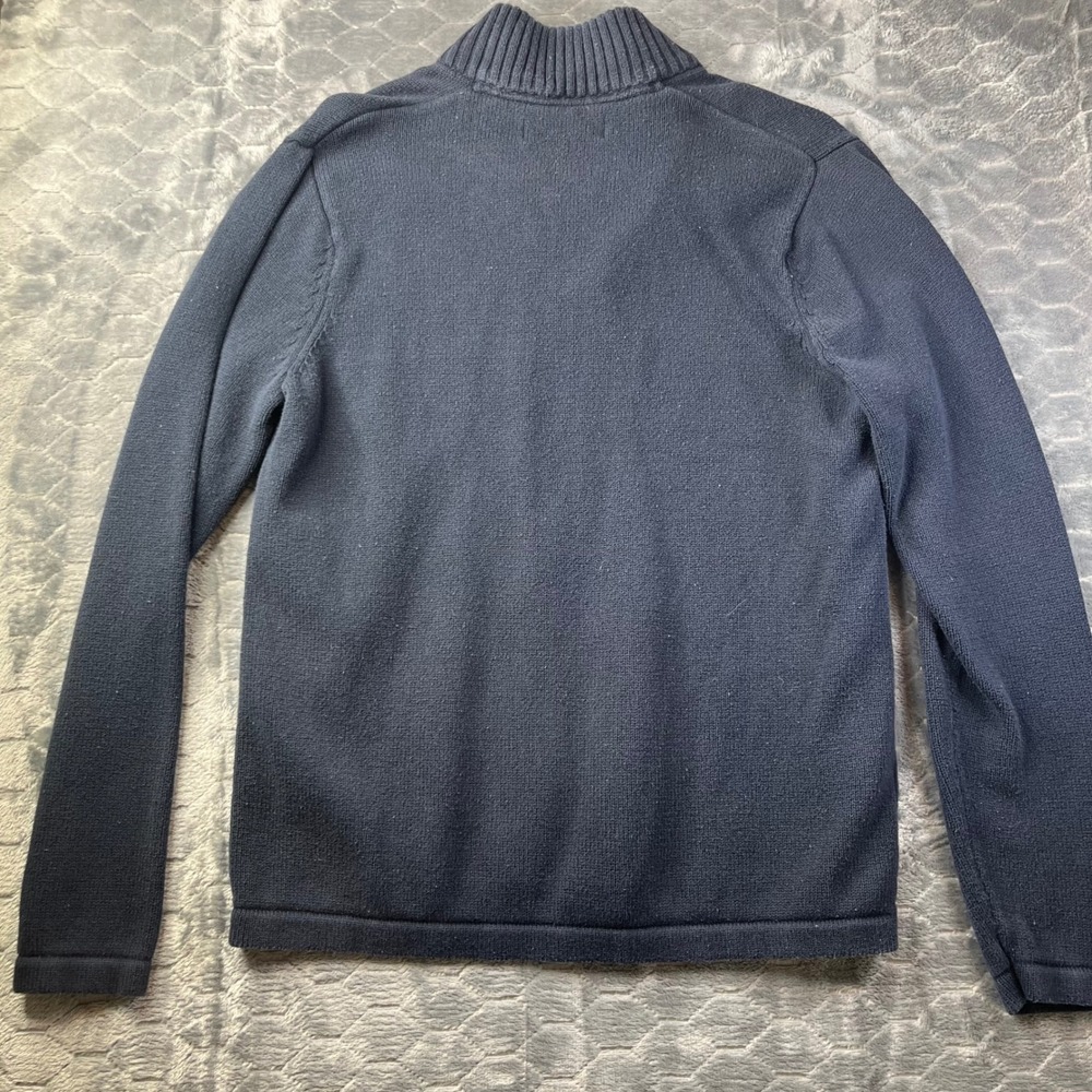 Eddie Bauer Quarter Zip Sweater Mens Medium Navy Blue Striped 100% Cotton Mock - Picture 9 of 9